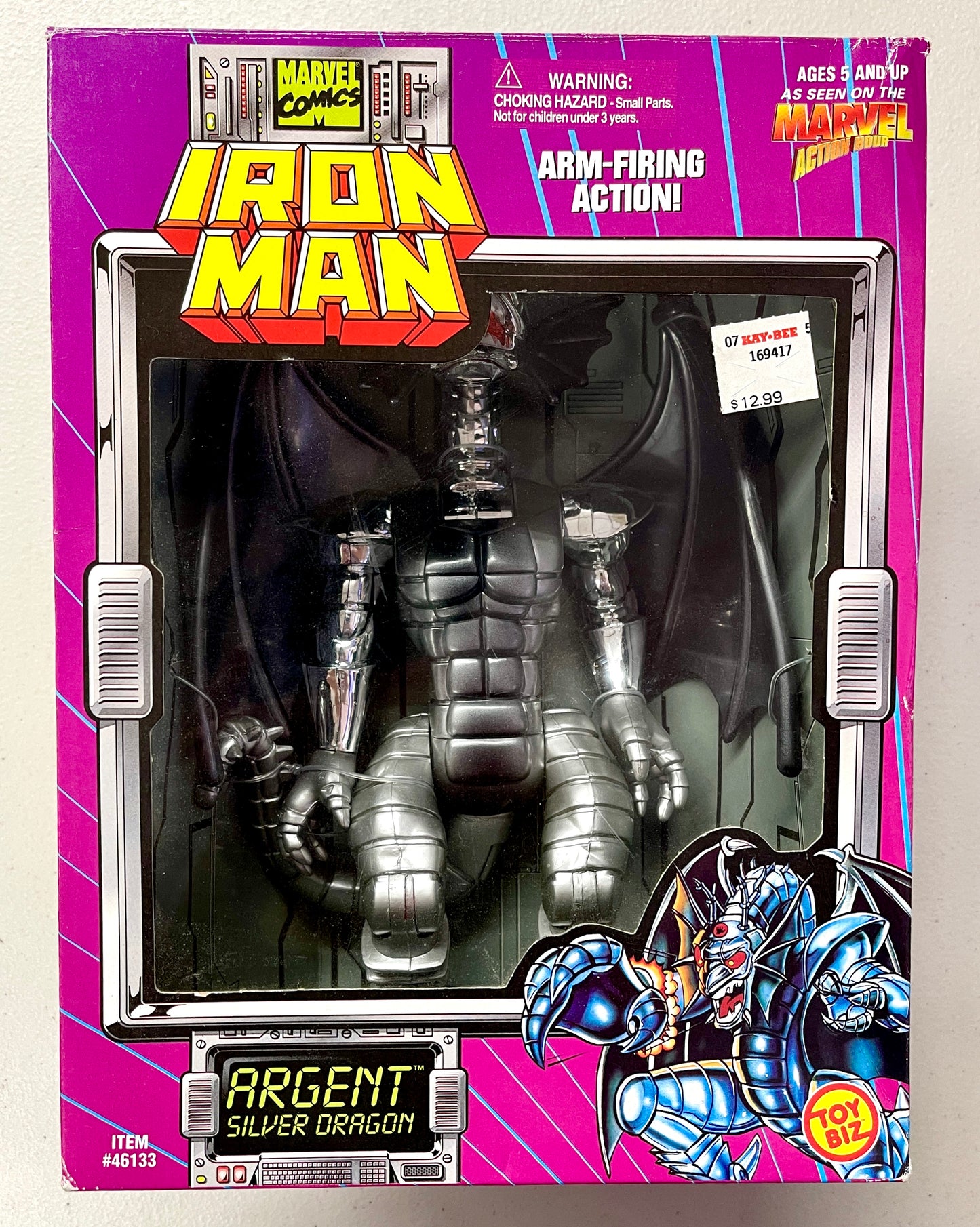 Vintage 1995 Marvel Iron Man – ARGENT Silver Dragon Action Figure (Arm-Firing Action)